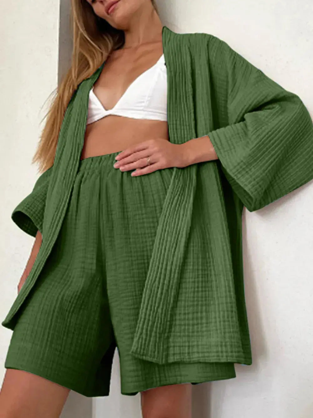 Ensemble cardigan et short en gaz de coton à épaules tombantes eprolo