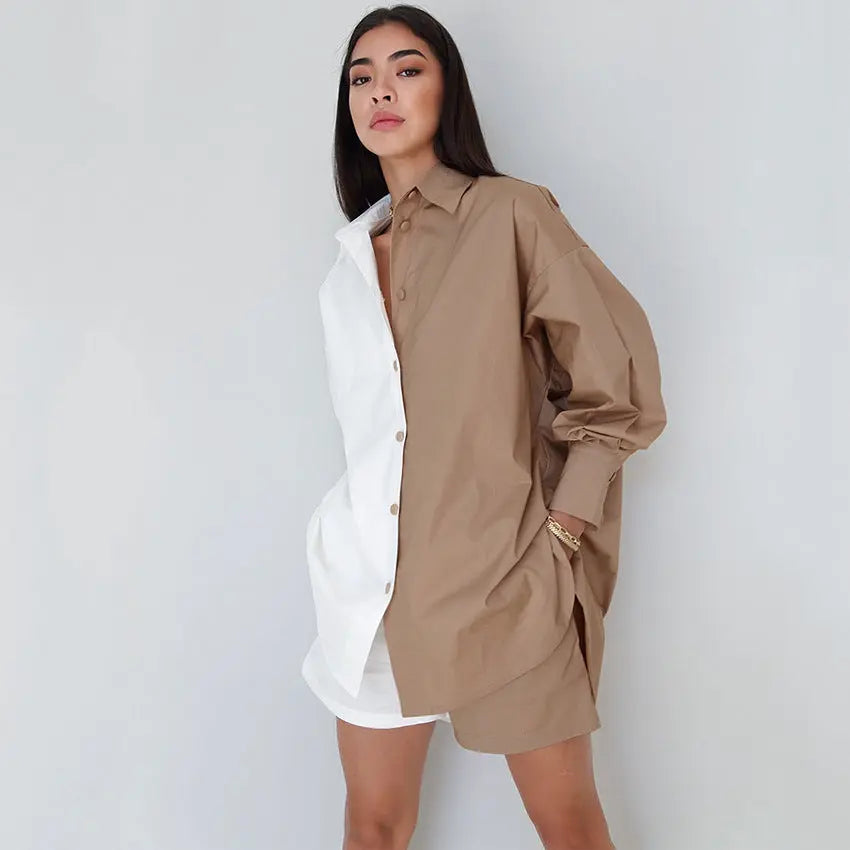Ensemble deux pièces en coton, chemise à manches longues et short de couleur contrastée. eprolo