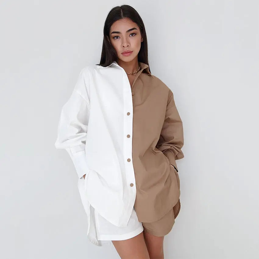 Ensemble deux pièces en coton, chemise à manches longues et short de couleur contrastée. eprolo