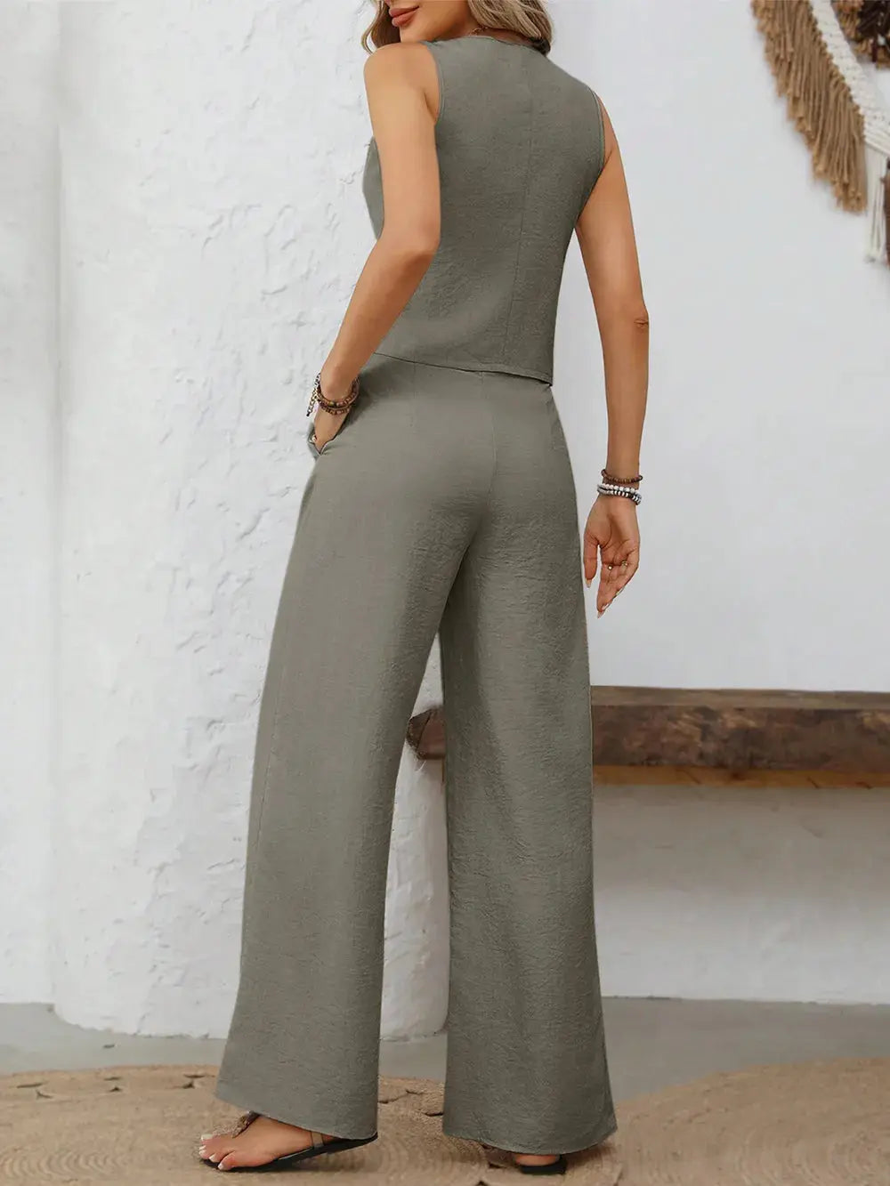 Ensemble gilet boutonné à col en V et pantalon large eprolo