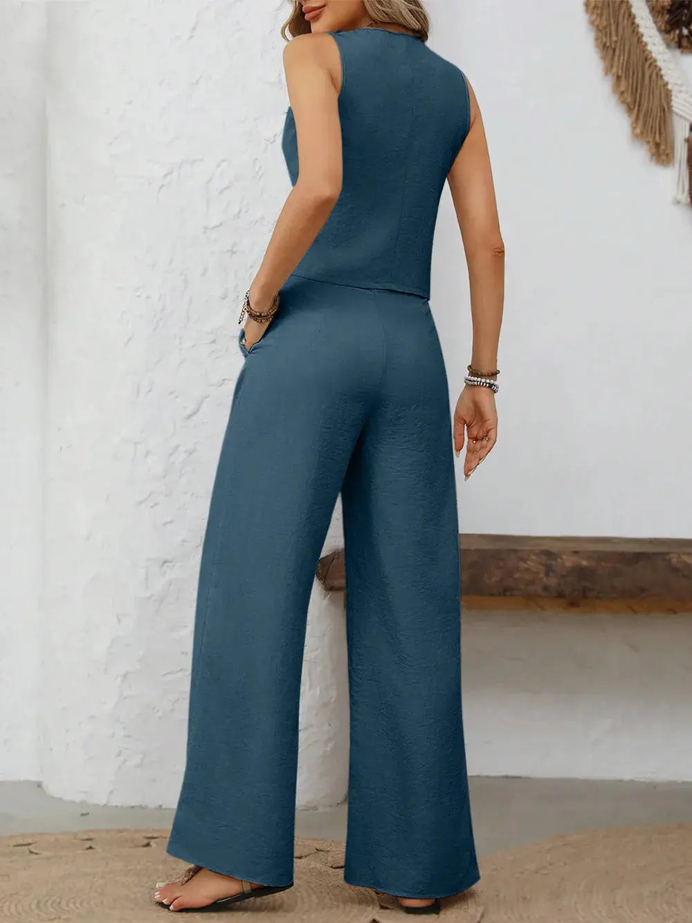Ensemble gilet boutonné à col en V et pantalon large eprolo