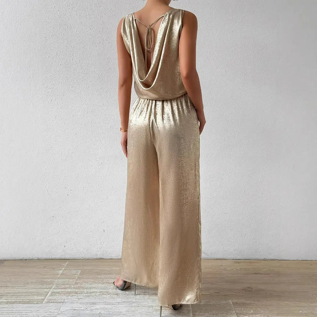 Ensemble haut sans manches et pantalon large tombant, brillant doré. eprolo