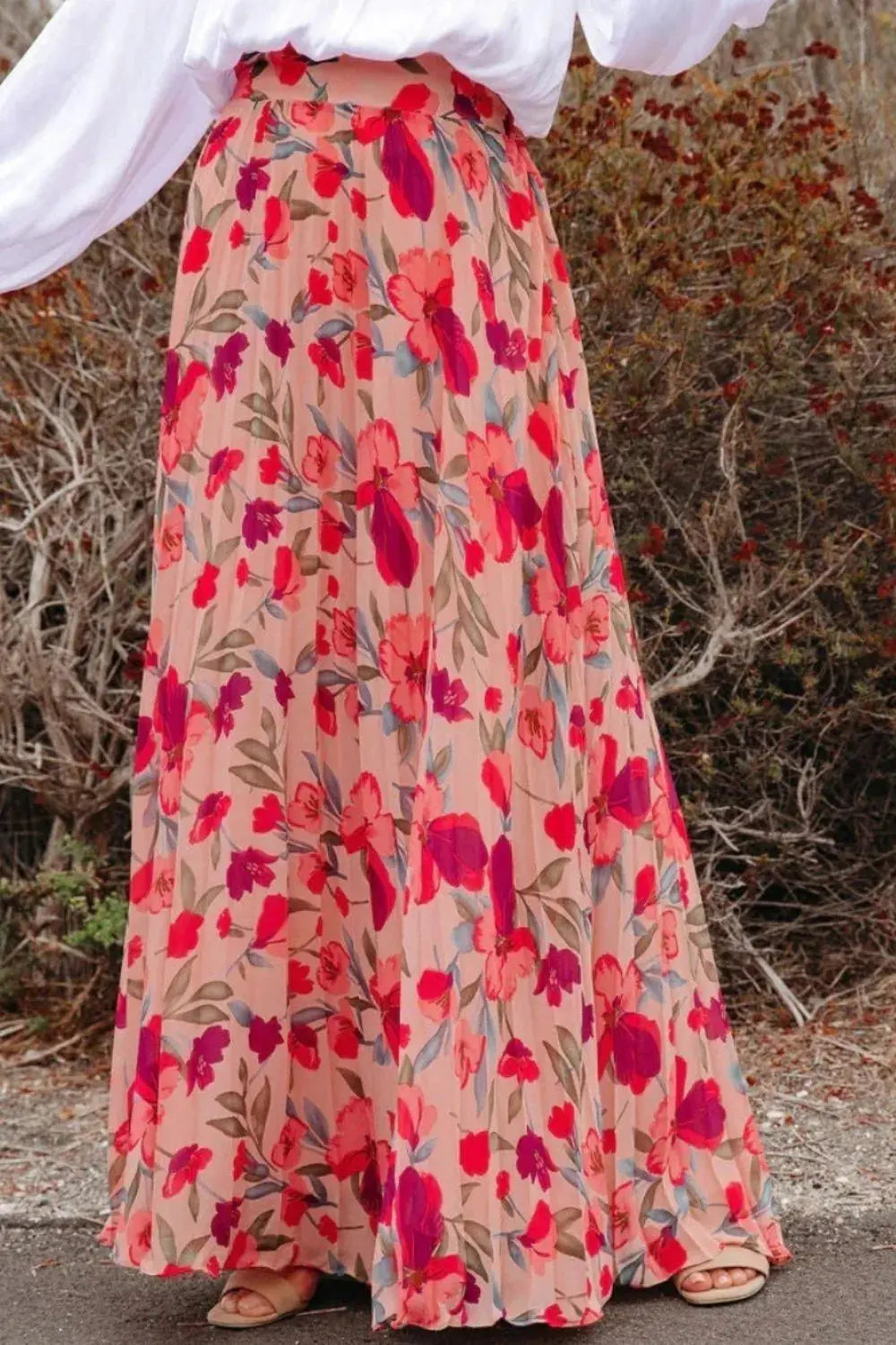 Jupe longue fleurie, plissée à taille élastique imprimée eprolo