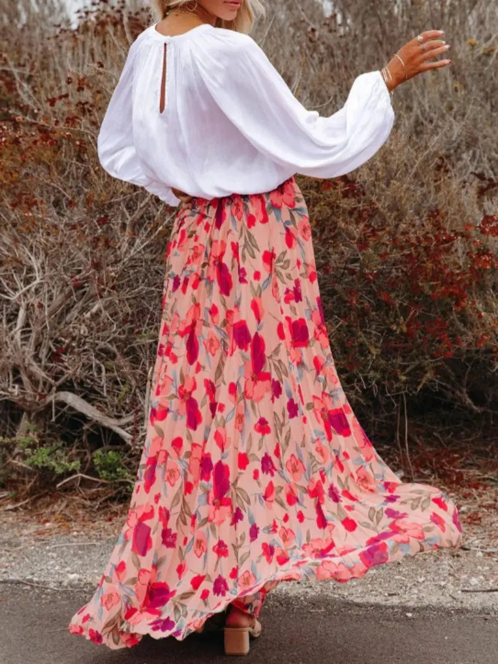 Jupe longue fleurie, plissée à taille élastique imprimée eprolo