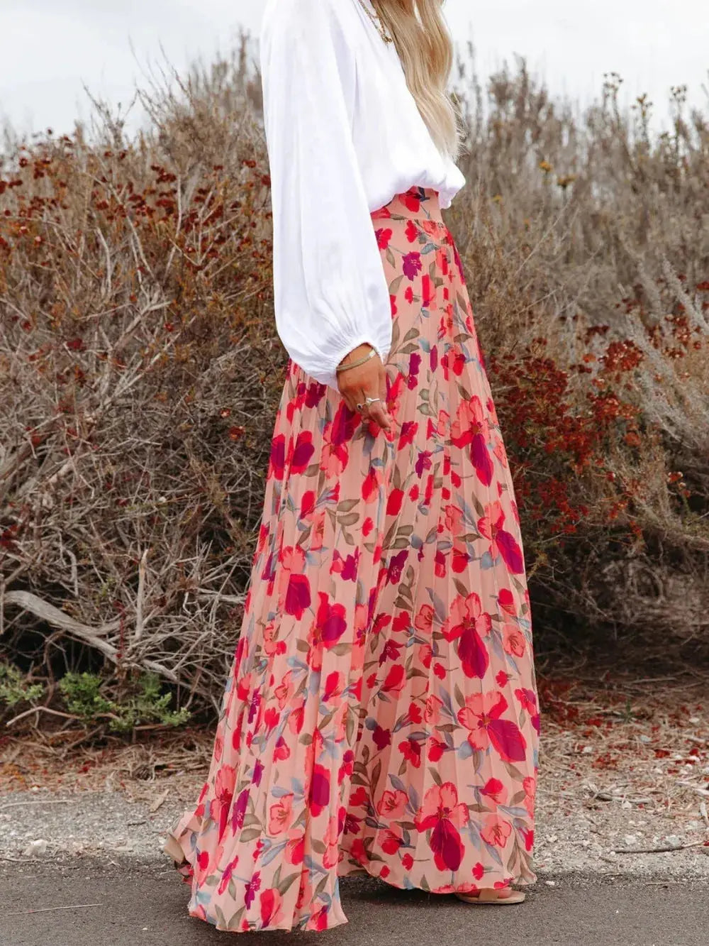 Jupe longue fleurie, plissée à taille élastique imprimée eprolo