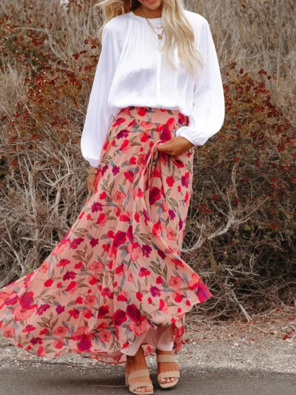 Jupe longue fleurie, plissée à taille élastique imprimée eprolo