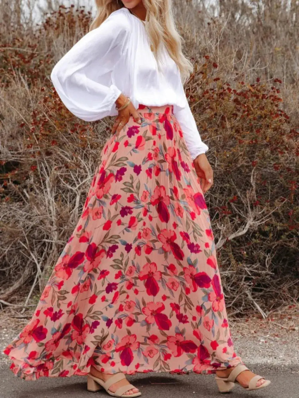 Jupe longue fleurie, plissée à taille élastique imprimée eprolo