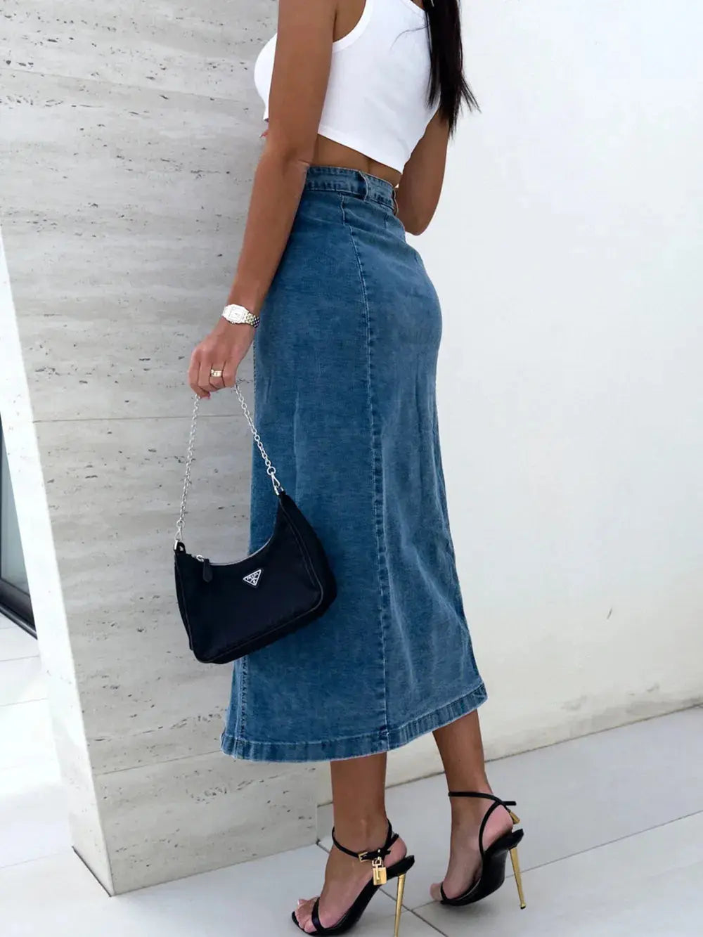 Jupe midi en jean fendue et boutonnée eprolo