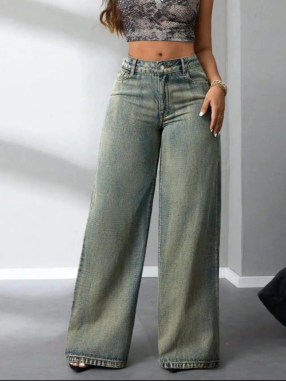 Pantalon jean taille haute à jambes larges eprolo