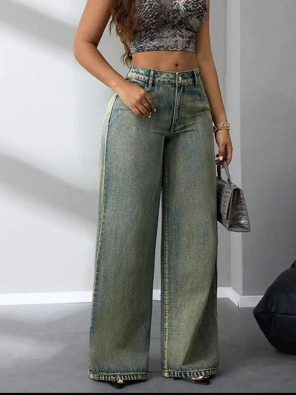 Pantalon jean taille haute à jambes larges eprolo