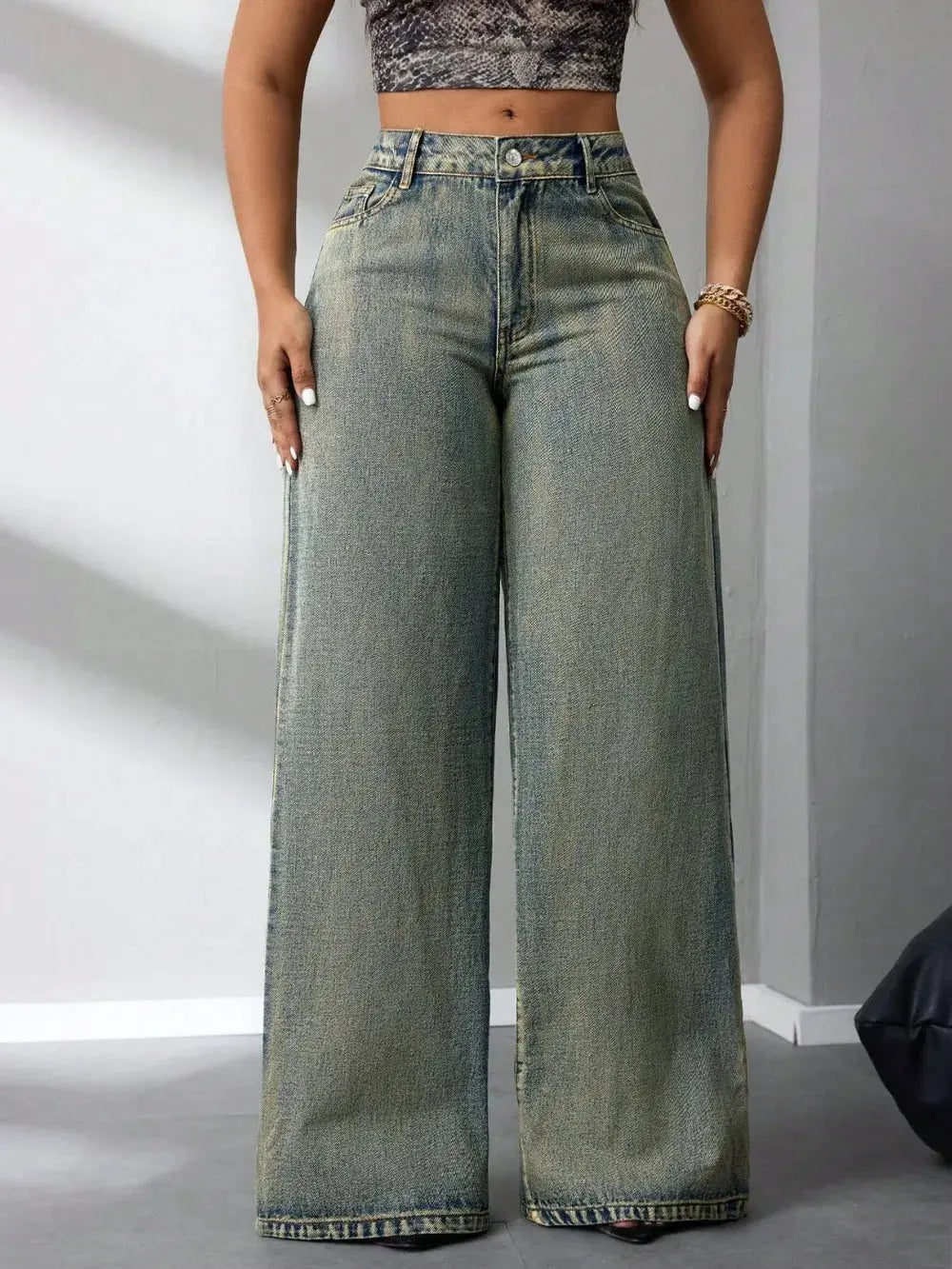 Pantalon jean taille haute à jambes larges eprolo