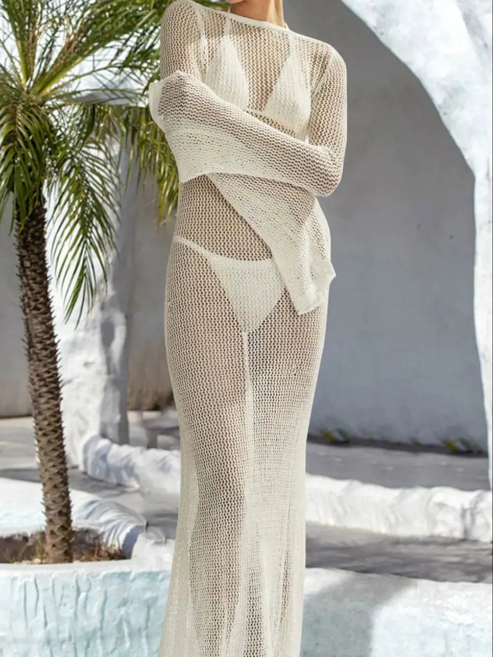 Robe cache-maillot dos nu ajourée à manches évasées eprolo