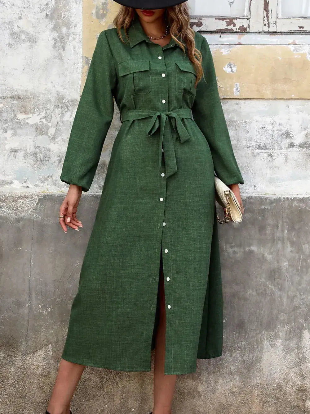 Robe chemise mi-longue à manches longues et col à revers eprolo