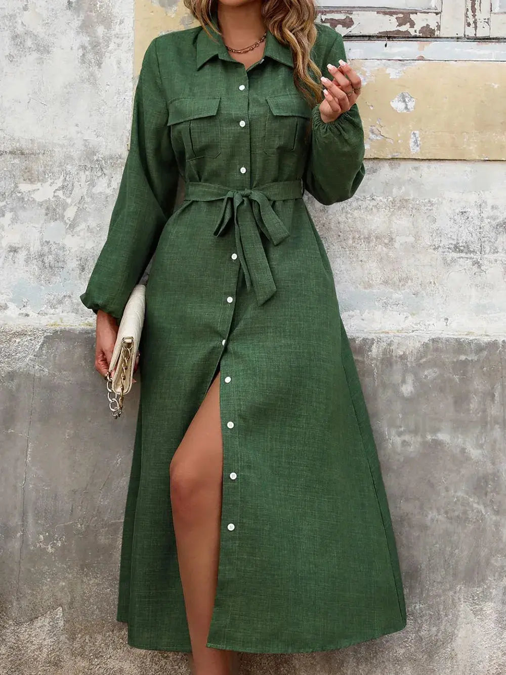 Robe chemise mi-longue à manches longues et col à revers eprolo