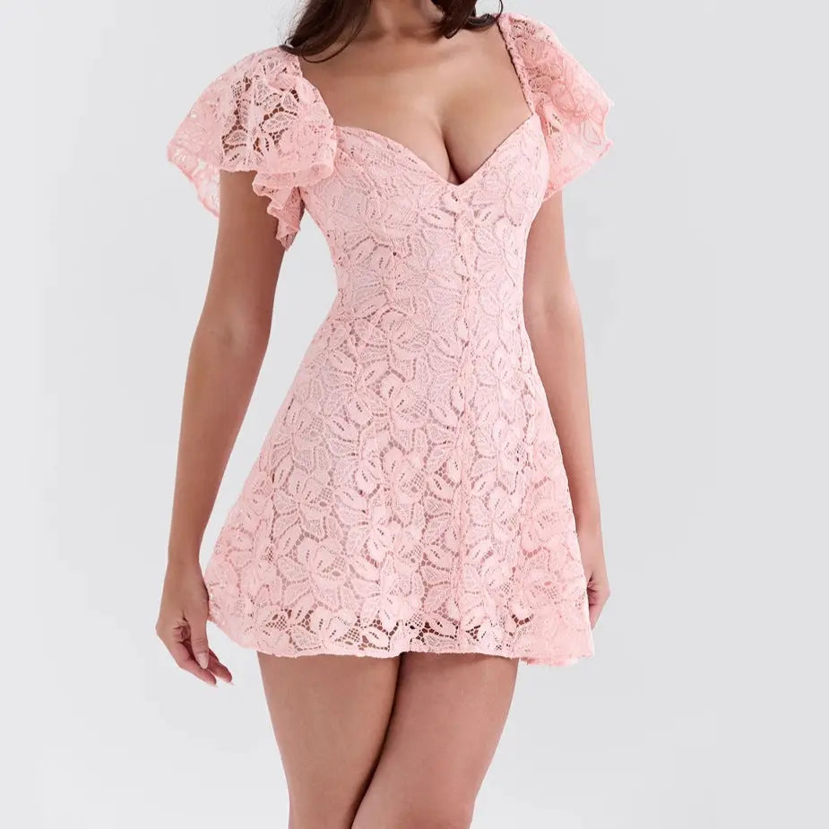 Robe courte Lisa, robe en dentelle, col en V, coupe trapèze. eprolo