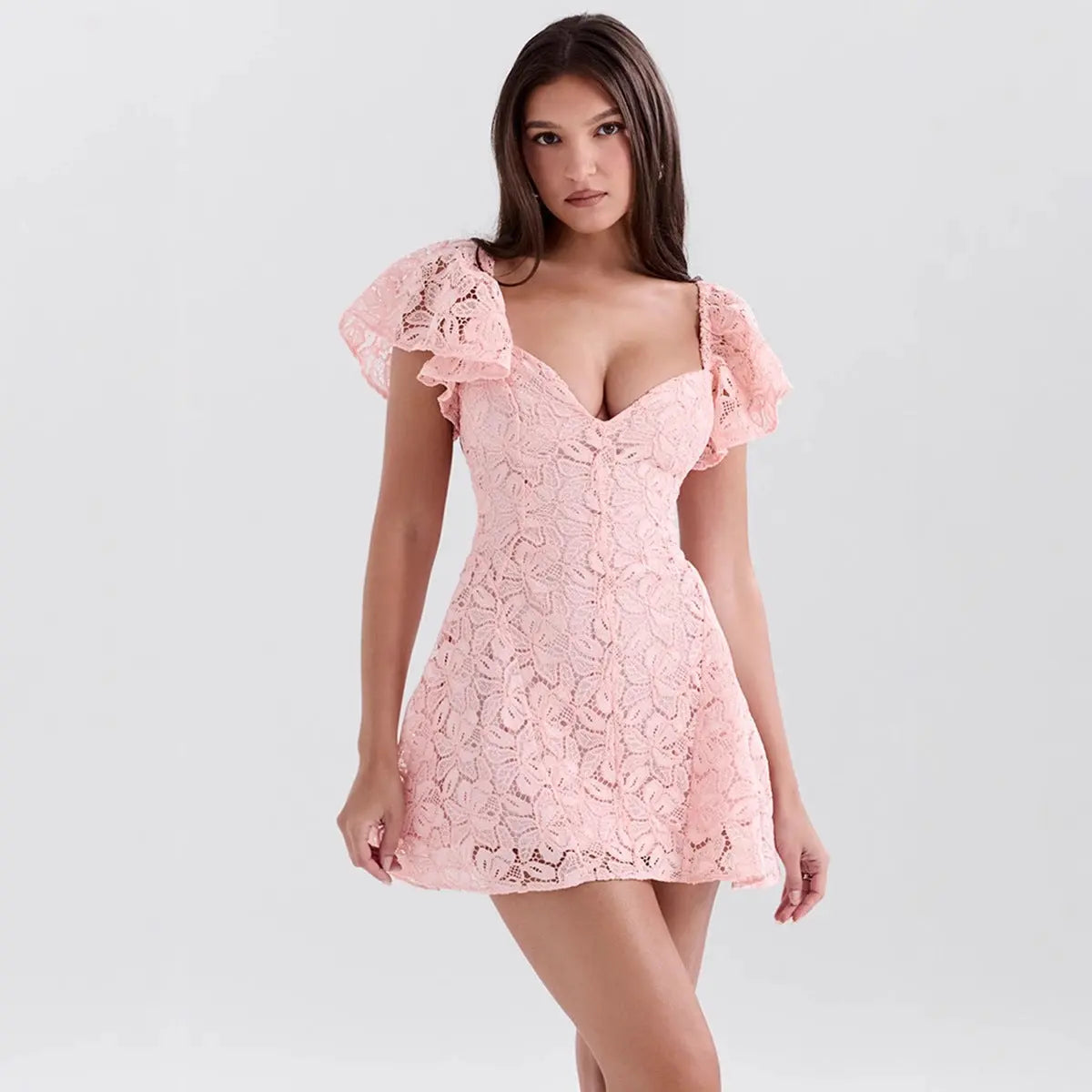 Robe courte Lisa, robe en dentelle, col en V, coupe trapèze. eprolo