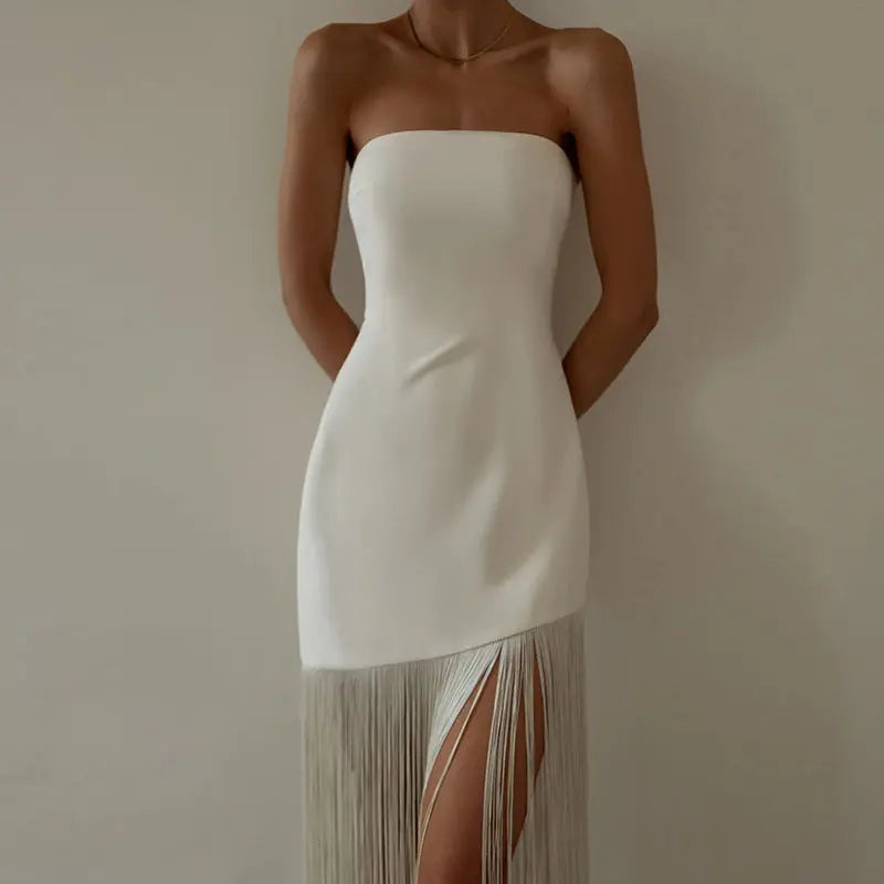 Robe courte Mélina, bustier avec franges. eprolo