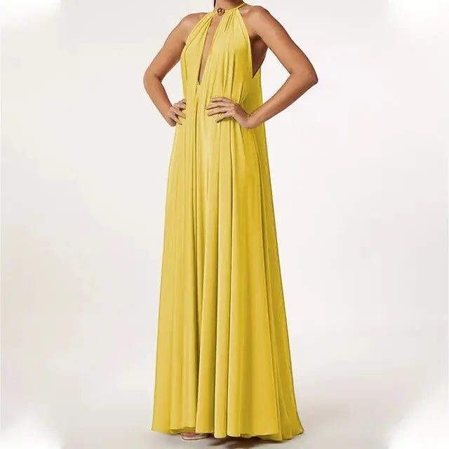 Robe longue Anne, à col en V, dos nu et sans manches. eprolo