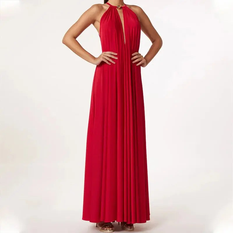 Robe longue Anne, à col en V, dos nu et sans manches. eprolo