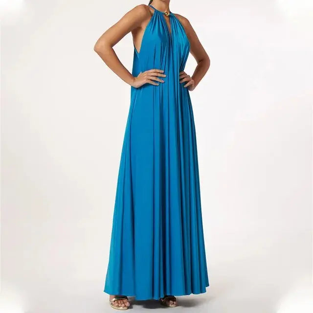 Robe longue Anne, à col en V, dos nu et sans manches. eprolo