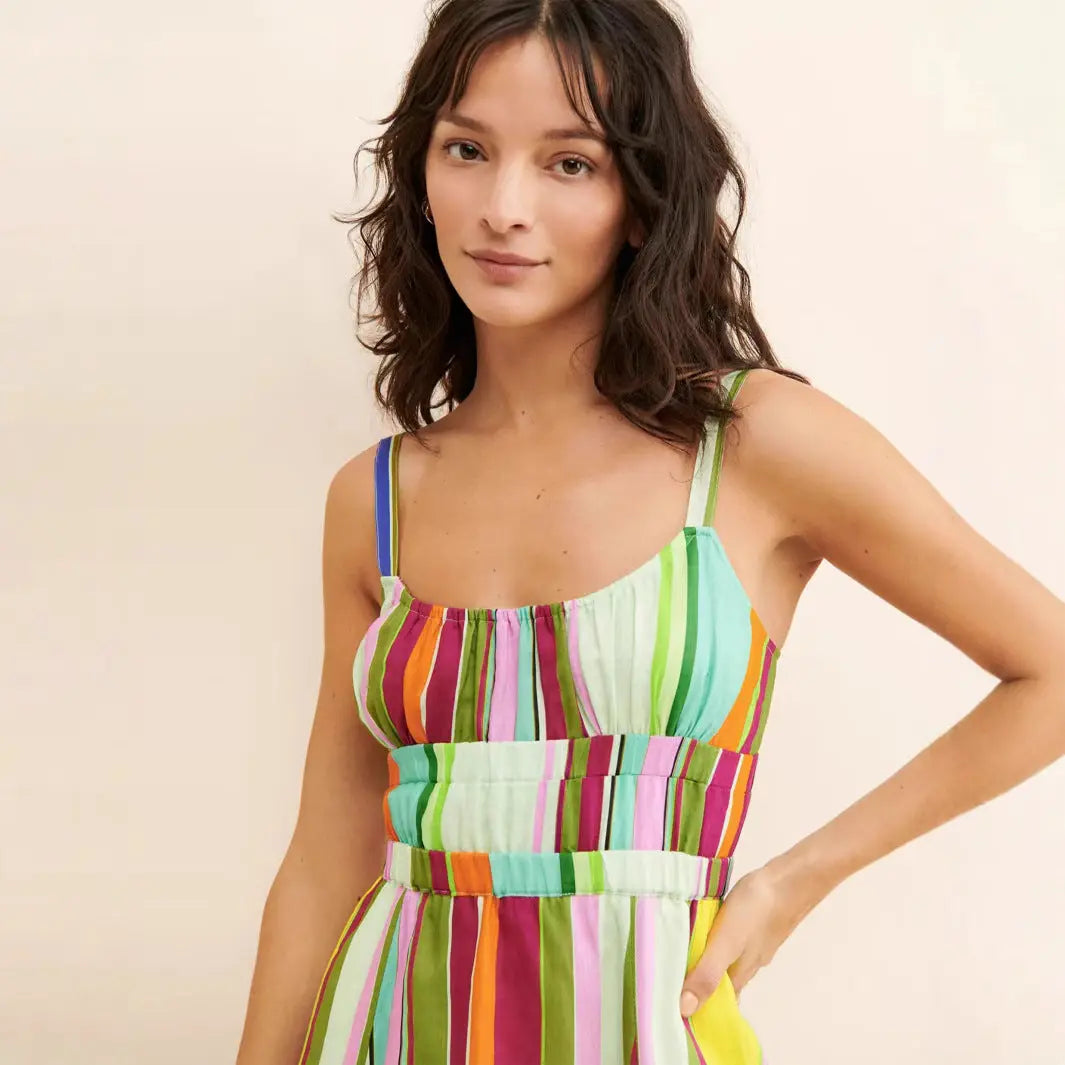Robe longue Clarisse, robe midi à rayures colorées, dos nu, jupe trapèze. eprolo