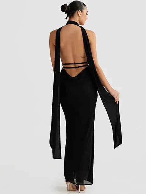 Robe longue Laly, décolletée en V profond et dos nu eprolo
