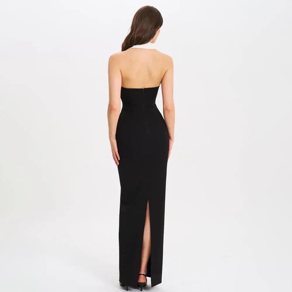 Robe longue Marina, à col en V et à revers, coupe slim, dos nu. eprolo