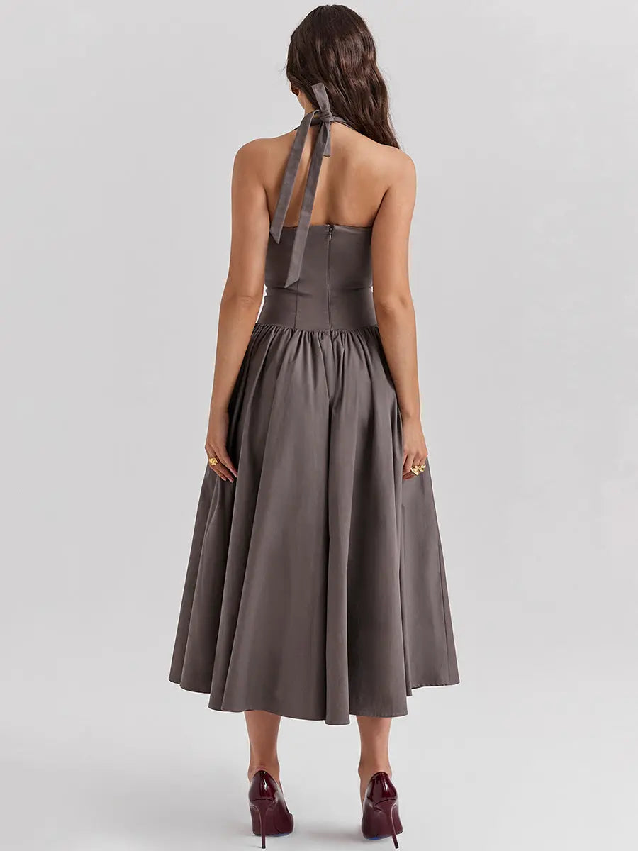 Robe longue Paola, décolleté en v profond, dos nu, jupe mi-longue eprolo