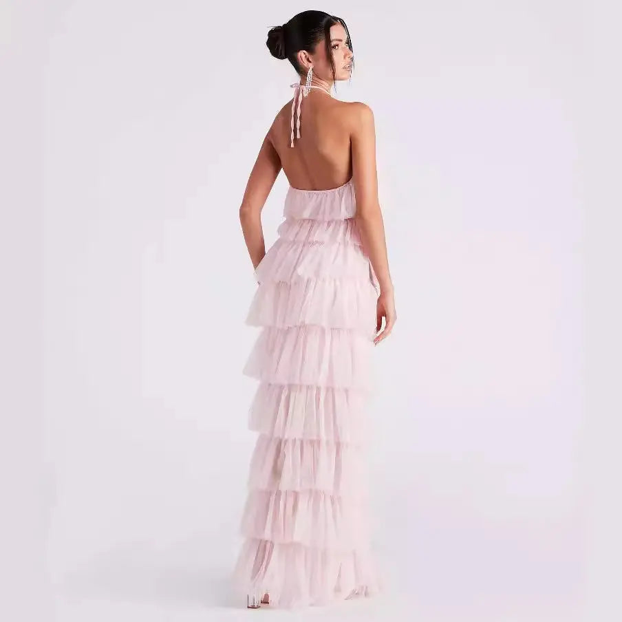 Robe longue Rosaline, robe multicouche à col suspendu et dos nu. eprolo