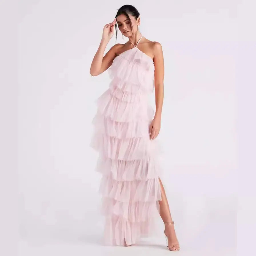 Robe longue Rosaline, robe multicouche à col suspendu et dos nu. eprolo