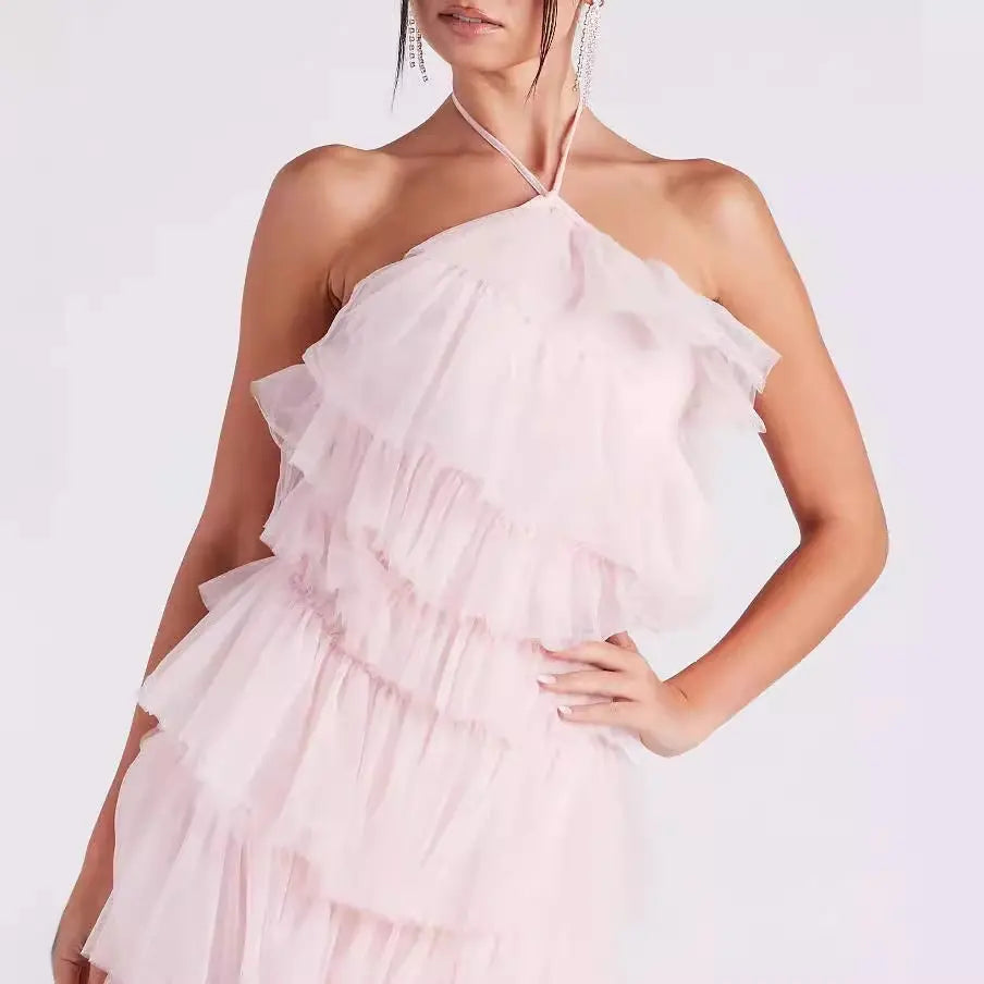 Robe longue Rosaline, robe multicouche à col suspendu et dos nu. eprolo