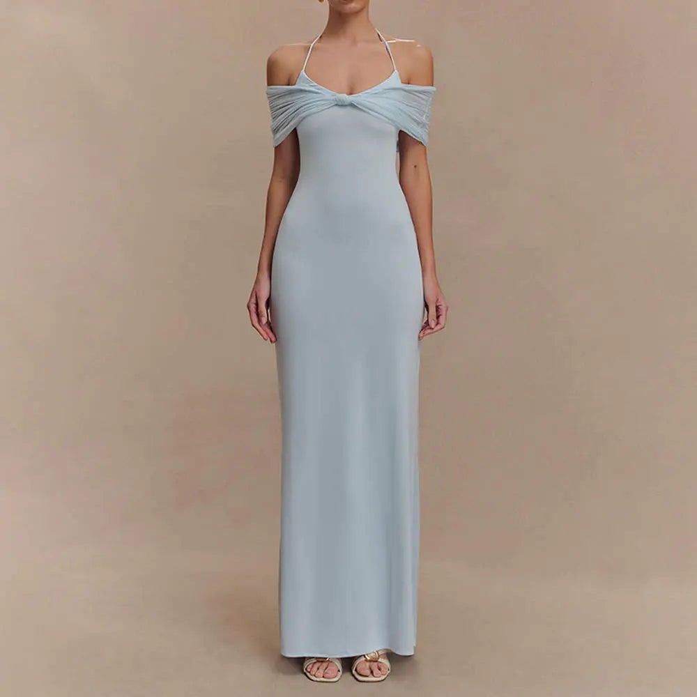 Robe longue Théana, robe avec empiècements en maille, taille cintrée. eprolo