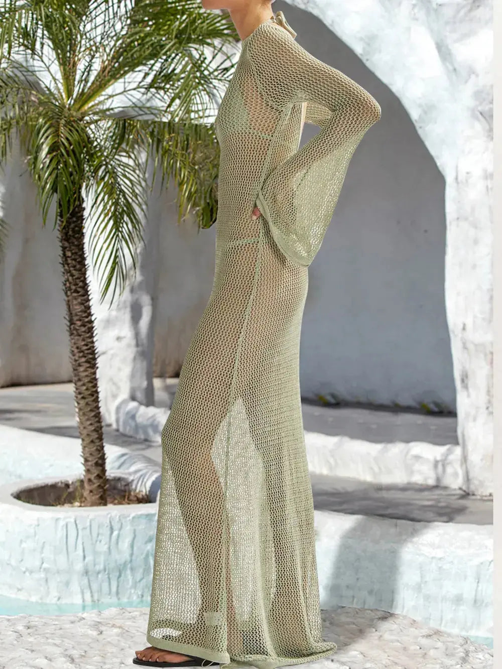 Robe longue cache-maillot dos nu ajourée à manches évasées eprolo