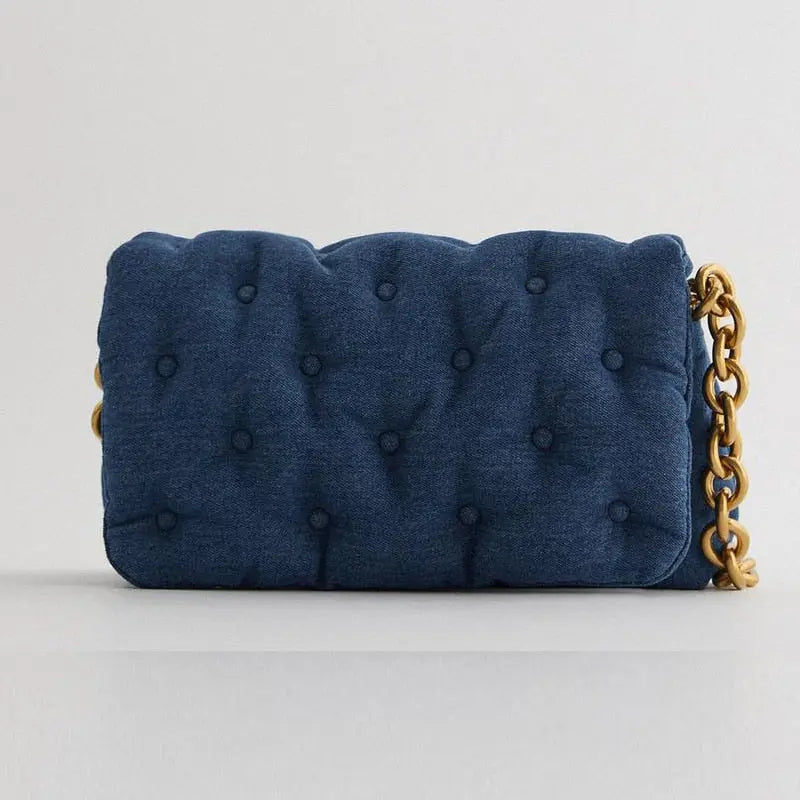 Sac à bandoulière en denim bleu foncé avec chaîne en métal épais, style rétro, grande capacité, boutons, carré, souple, tendance et décontr eprolo