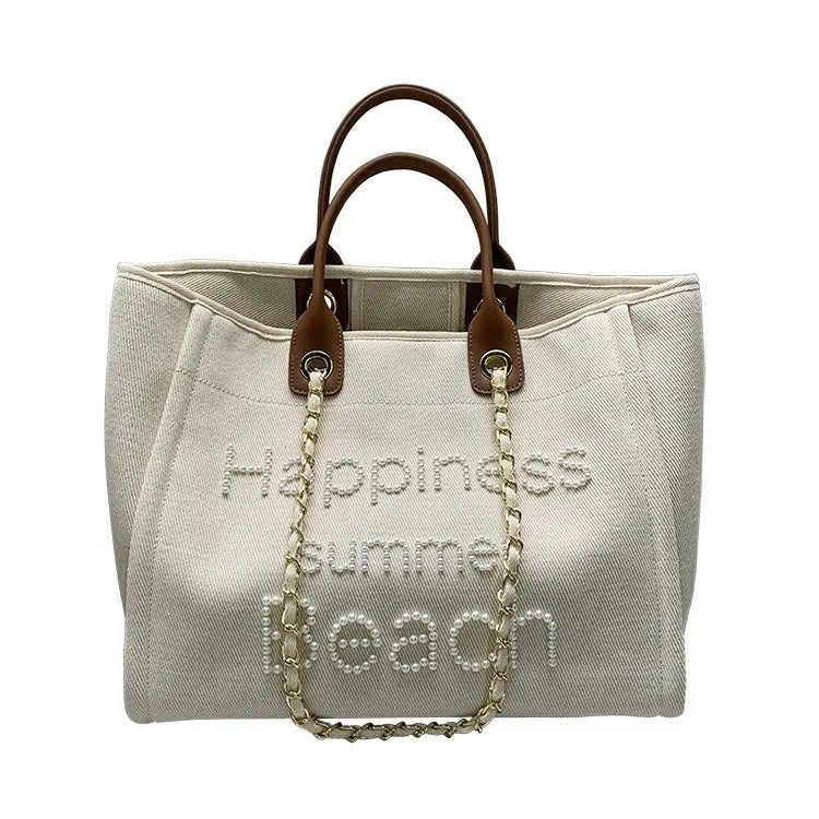 Sac de plage en toile avec chaîne et anse en cuir véritable, sac fourre-tout à bandoulière. eprolo