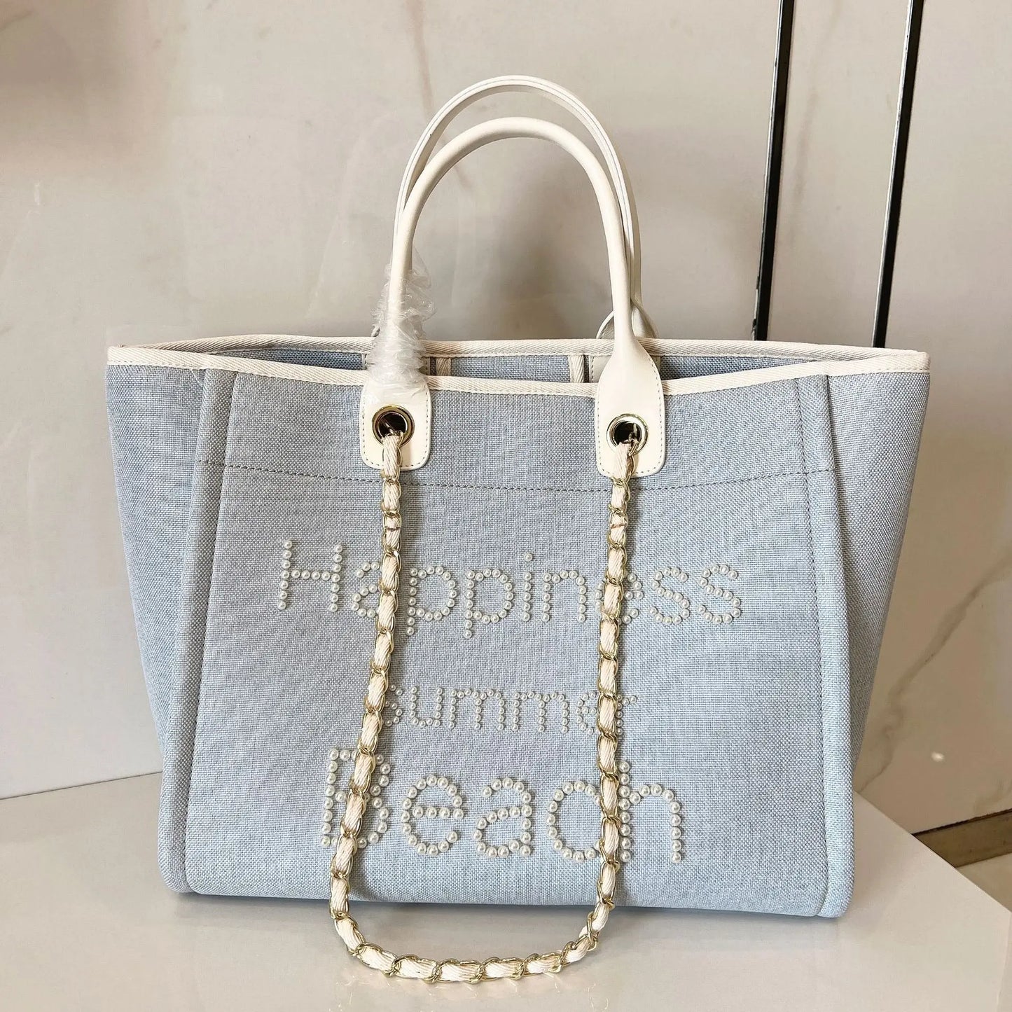 Sac de plage en toile avec chaîne et anse en cuir véritable, sac fourre-tout à bandoulière. eprolo