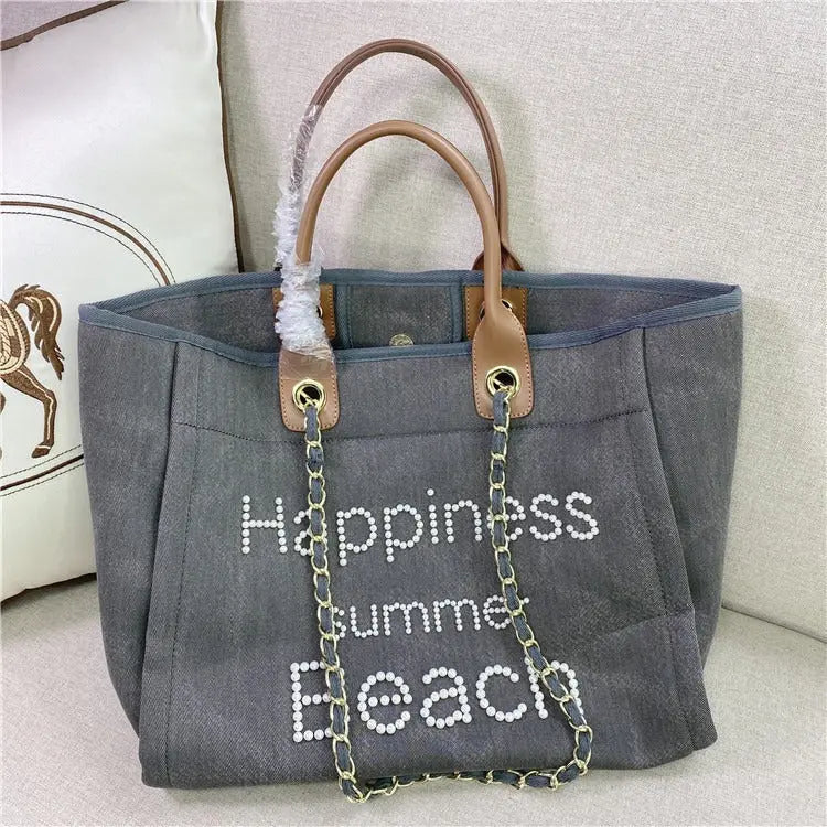 Sac de plage en toile avec chaîne et anse en cuir véritable, sac fourre-tout à bandoulière. eprolo