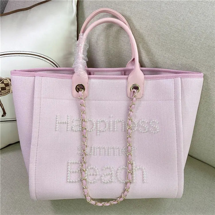 Sac de plage en toile avec chaîne et anse en cuir véritable, sac fourre-tout à bandoulière. eprolo