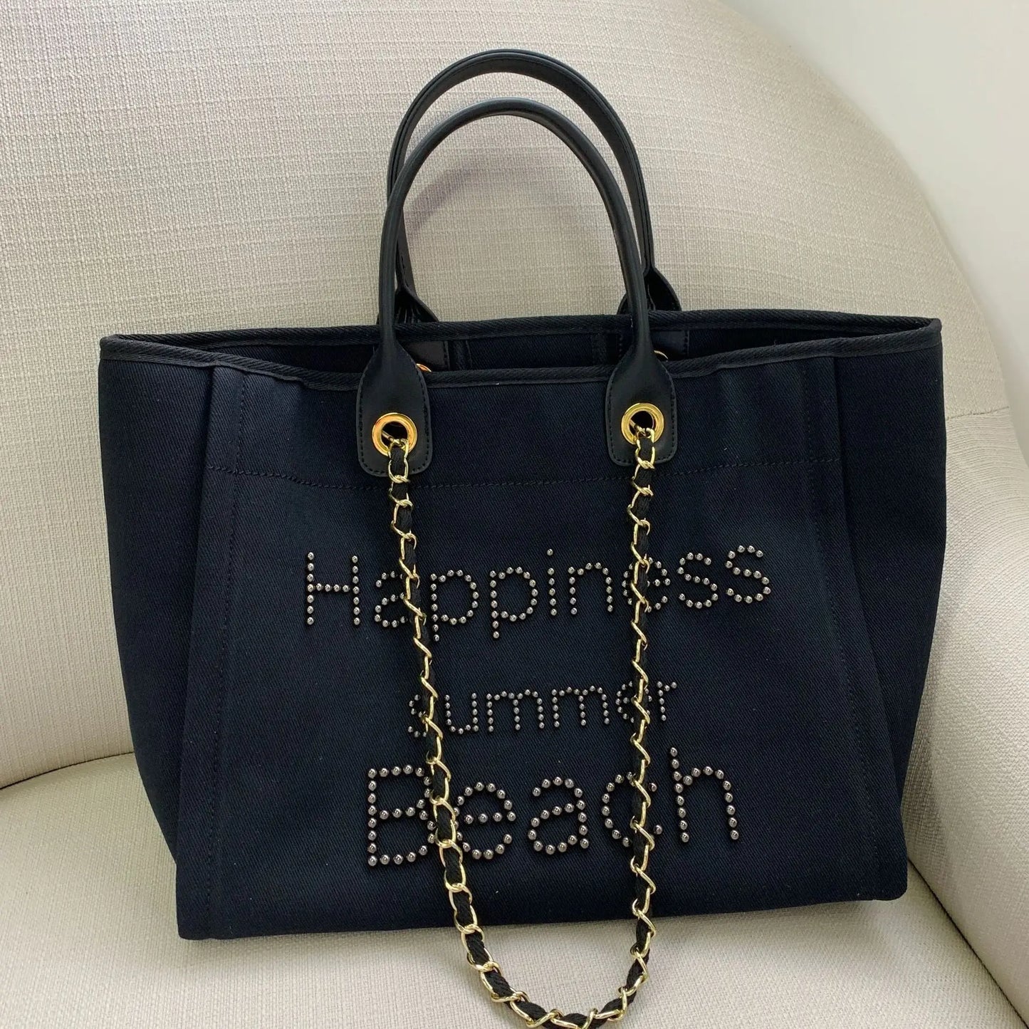 Sac de plage en toile avec chaîne et anse en cuir véritable, sac fourre-tout à bandoulière. eprolo