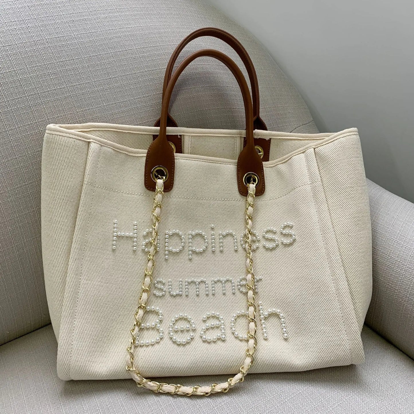 Sac de plage en toile avec chaîne et anse en cuir véritable, sac fourre-tout à bandoulière. eprolo