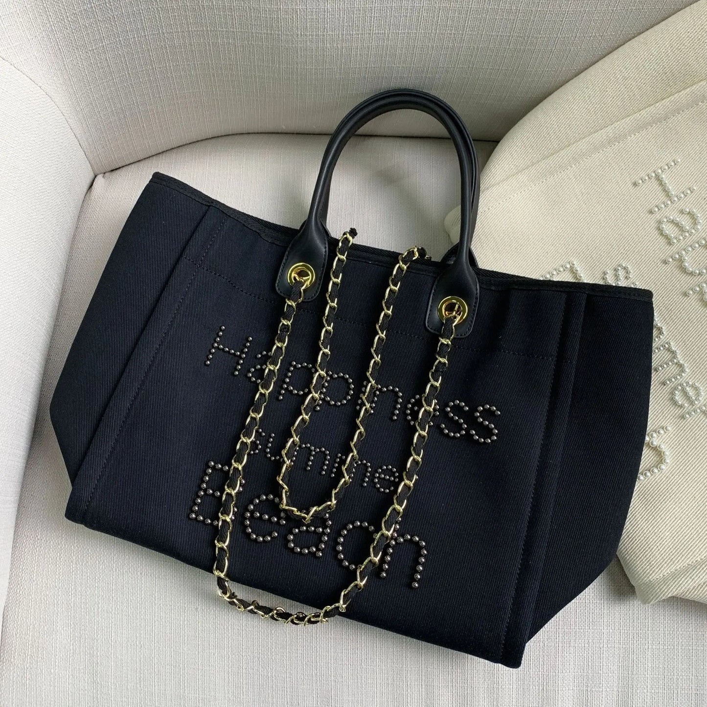 Sac de plage en toile avec chaîne et anse en cuir véritable, sac fourre-tout à bandoulière. eprolo