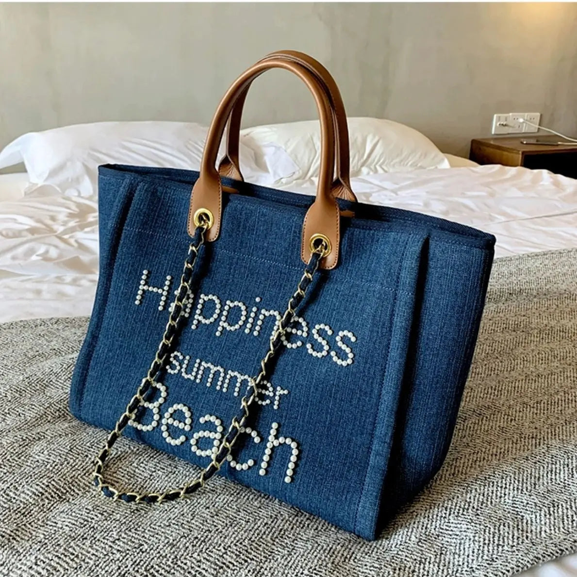 Sac de plage en toile avec chaîne et anse en cuir véritable, sac fourre-tout à bandoulière. eprolo