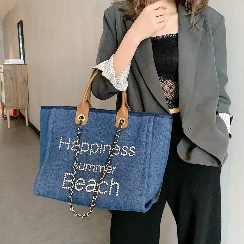 Sac de plage en toile avec chaîne et anse en cuir véritable, sac fourre-tout à bandoulière. eprolo