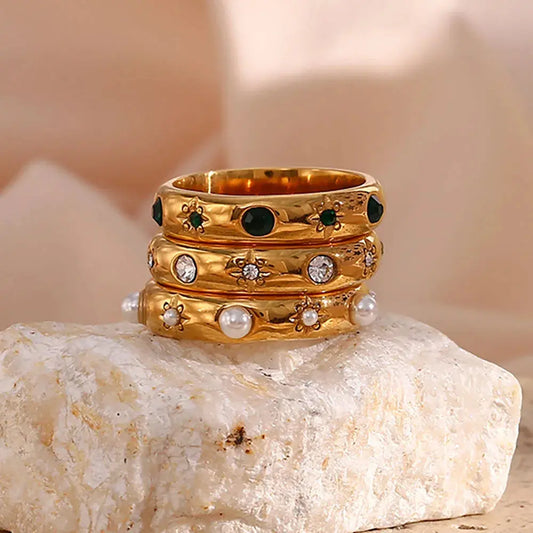 Bague en or plaqué 18 carats avec perles de zircone vertes, bague en or délicate et hypoallergénique, bijoux en acier inoxydable eprolo
