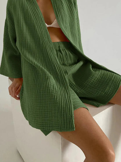 Ensemble cardigan et short en gaz de coton à épaules tombantes eprolo