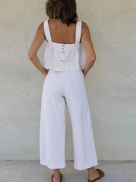 Ensemble deux pièces, haut à larges bretelles et col carré et pantalon eprolo
