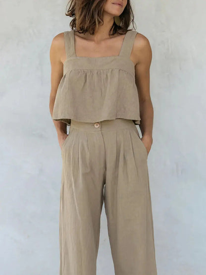 Ensemble deux pièces, haut à larges bretelles et col carré et pantalon eprolo