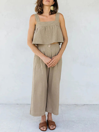 Ensemble deux pièces, haut à larges bretelles et col carré et pantalon eprolo