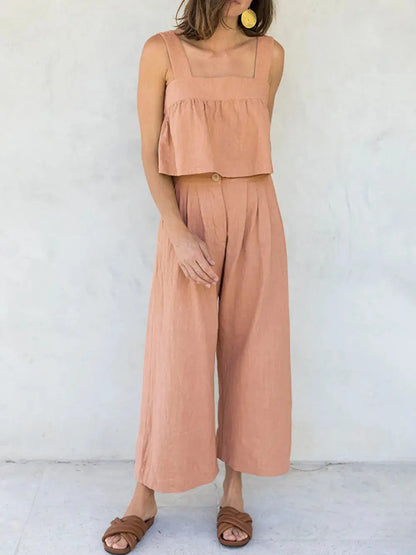 Ensemble deux pièces, haut à larges bretelles et col carré et pantalon eprolo
