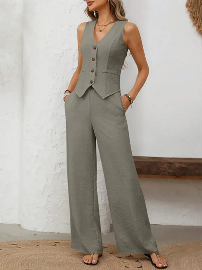 Ensemble gilet boutonné à col en V et pantalon large eprolo